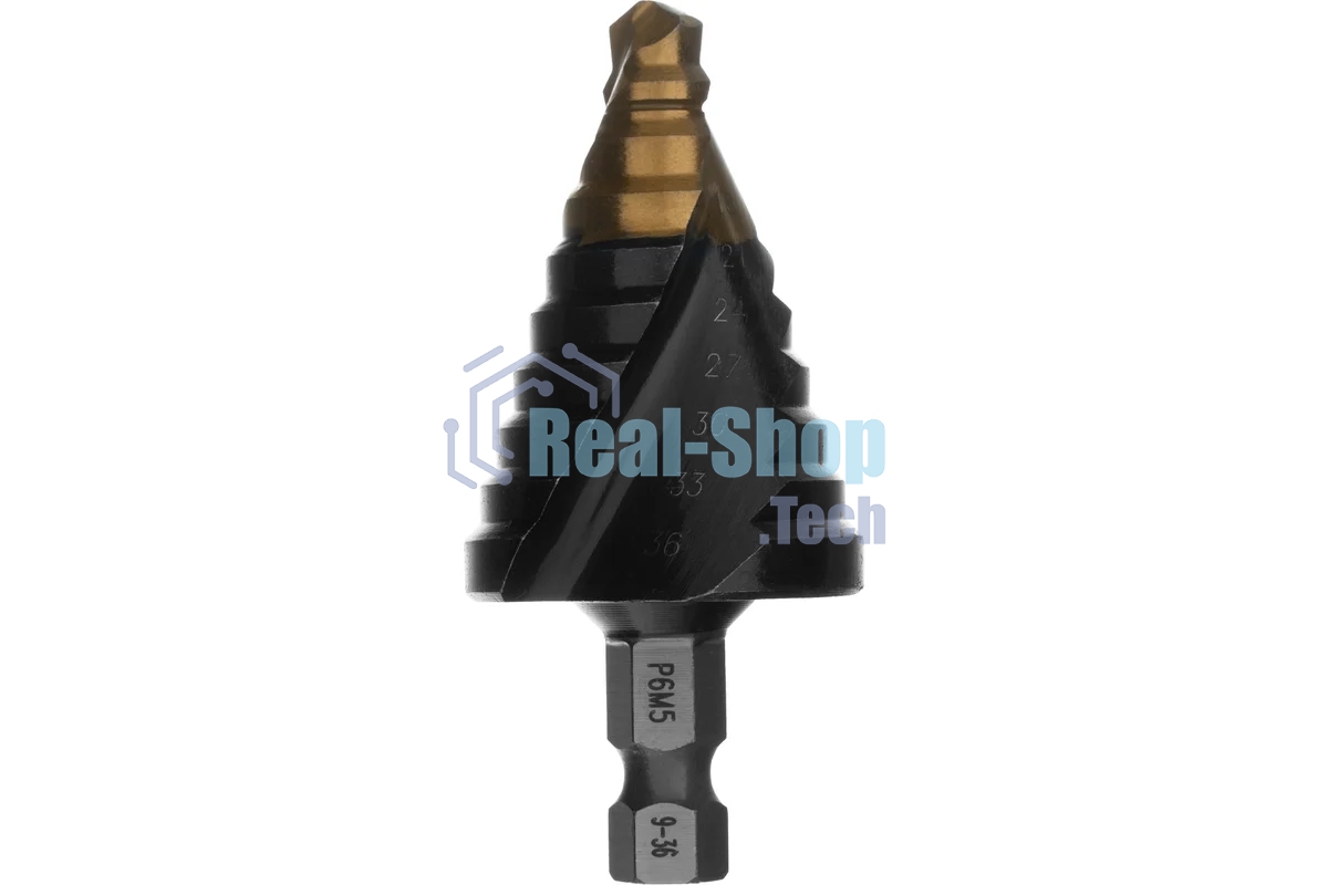 Сверло ступенчатое Denzel 9-12-15-18-21-24-27-30-33-36 мм, Р6М5, 6-гр. хвостовик 723605