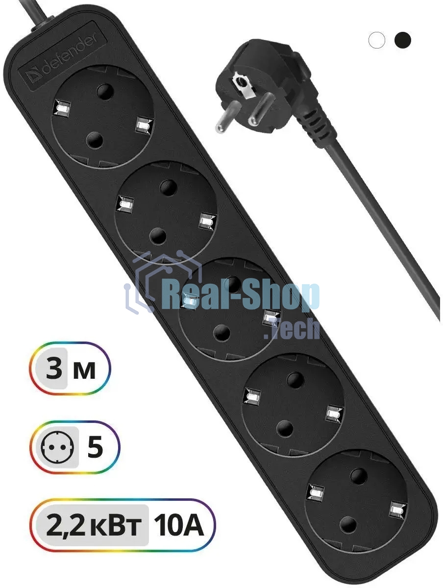 Удлинитель Defender M530 черный, 3 м, EURO, 5 розеток, 2200 Вт