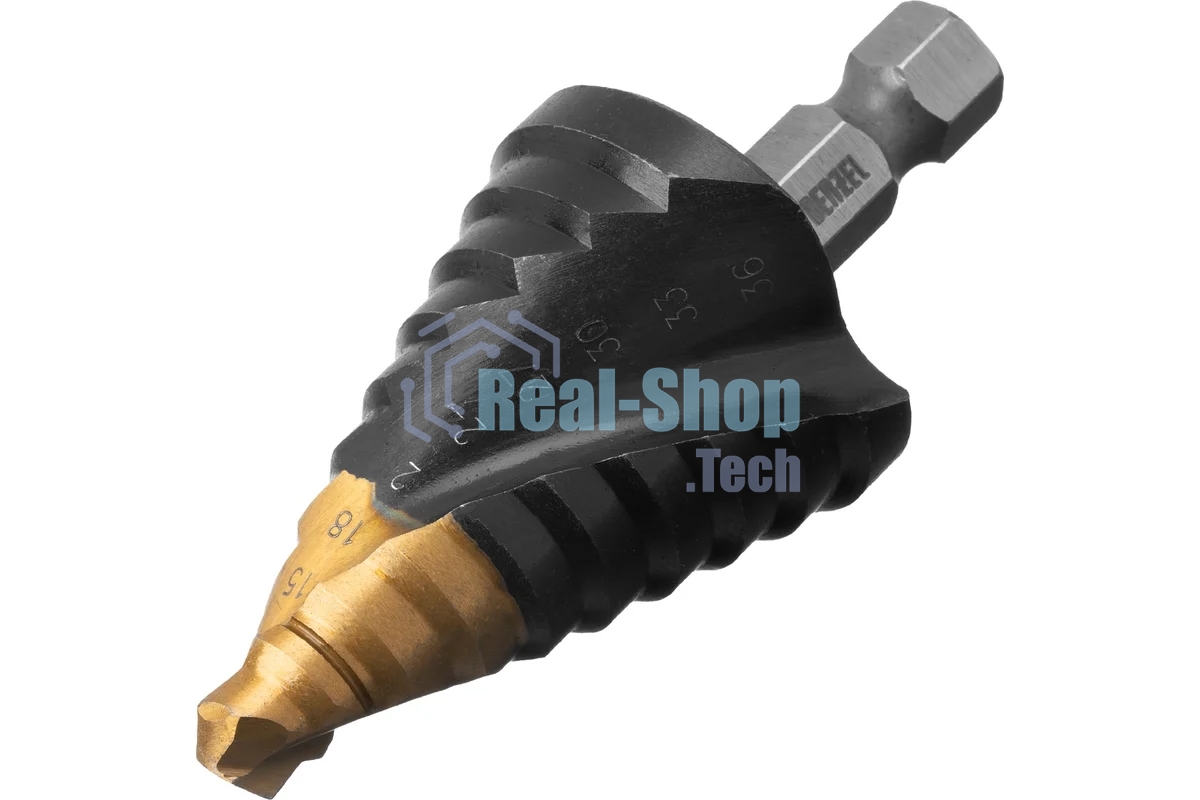 Сверло ступенчатое Denzel 9-12-15-18-21-24-27-30-33-36 мм, Р6М5, 6-гр. хвостовик 723605