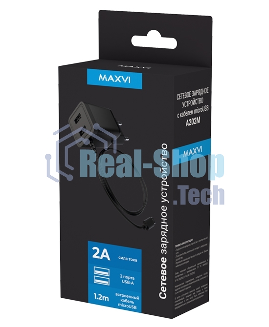 Сетевое зарядное устройство Maxvi A202M 2хUSB 2А 10W + литой кабель MicroUSB 1.2м, черный