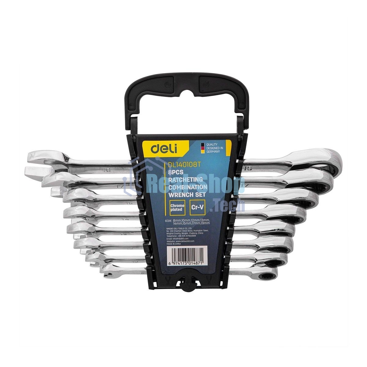 Набор комбинированных ключей с трещоткой 8 шт Deli DL140108T Спецификация: 8,10,12,13,14,15,17,19мм. Сталь 40 Cr. Трещетка 50BV30 72Т.