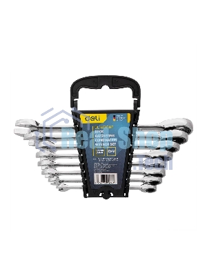 Набор комбинированных ключей с трещоткой 8 шт Deli DL140108T Спецификация: 8,10,12,13,14,15,17,19мм. Сталь 40 Cr. Трещетка 50BV30 72Т.