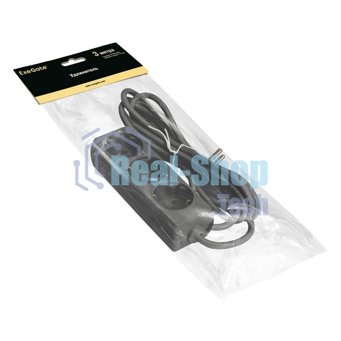 Удлинитель ExeGate ECE-3-3B (EX285804RUS), черный, 3 м, евровилка с заземлением, 3 евророзетки с заземлением, 2200 Вт