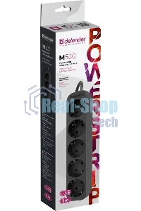 Удлинитель Defender M530 черный, 3 м, EURO, 5 розеток, 2200 Вт