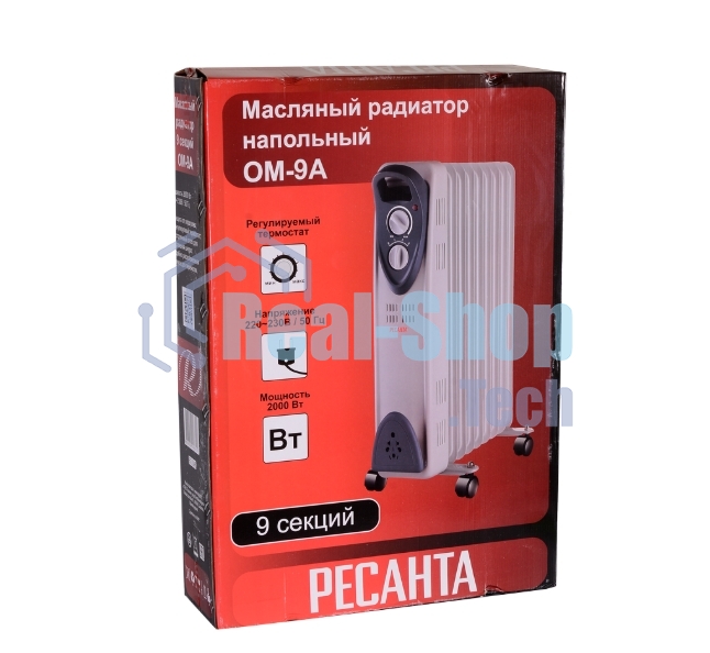 Обогреватель масляный Ресанта ОМ-9А (9 секций), белый, 2000 Вт, 20 м2, термостат 67/3/16