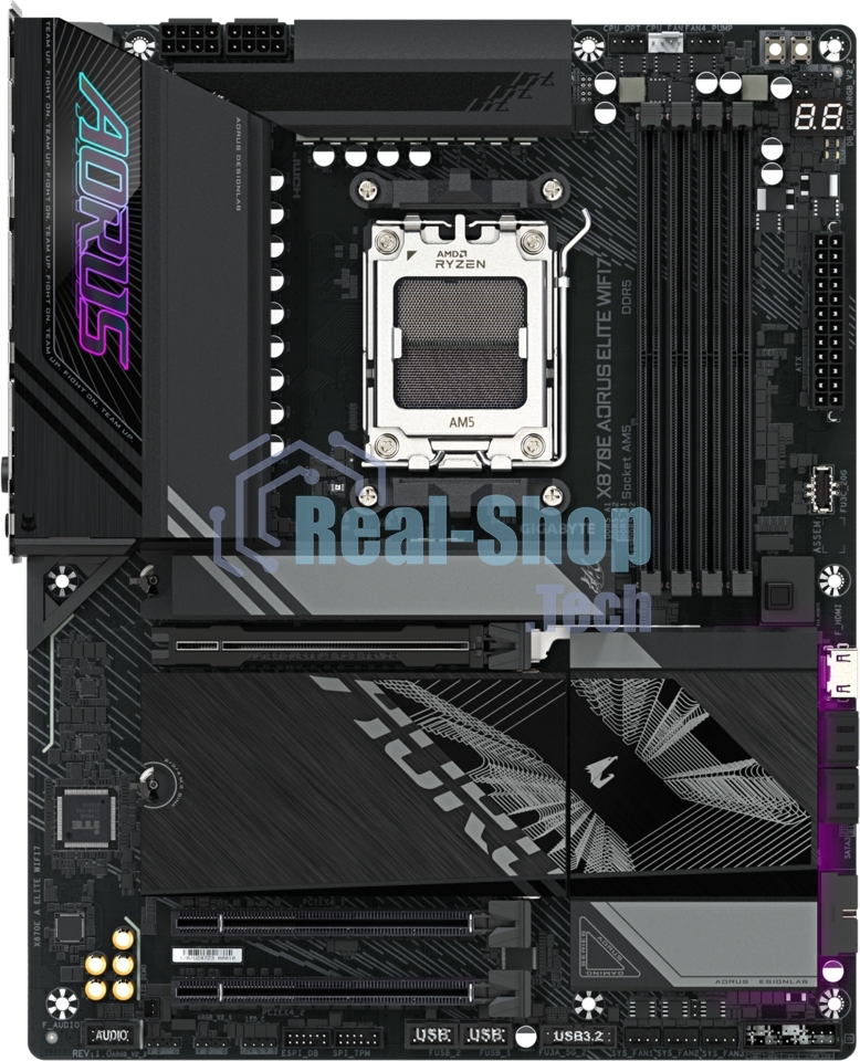 Материнская плата Gigabyte X870E AORUS ELITE WIFI7, AM5, AMD X870E, 4xDDR5, 4xSATA, 4xM.2, 1xPCI-E 5.0 x16, 1xPCI-E 4.0 x4, 1xPCI-E 3.0 x4, 1xHDMI, 1x 2.5Gb LAN, 4xUSB-A 3.2 Gen 1, 2xUSB-A 3.2 Gen 2, 4xUSB-A 2.0, 2xUSB-C 4.0, 2x3.5 мм, 7.1, ATX