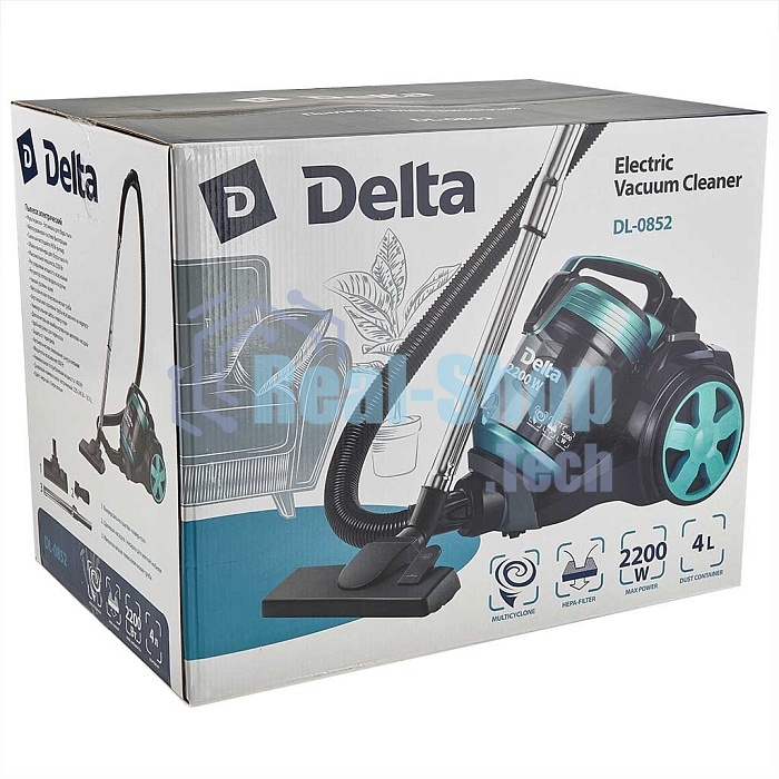Пылесос Delta DL-0852 черный/бирюзовый, 350/2200 Вт, уборка сухая, пылесборник контейнер, 4 л