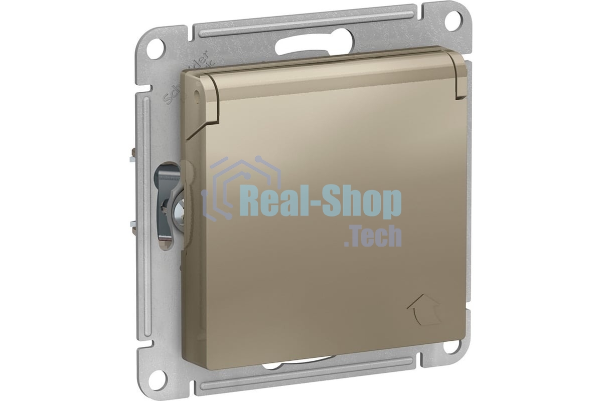 Механизм розетки 1-м СП AtlasDesign 16А IP20 с заземл. защ. шторки с крышкой шампань