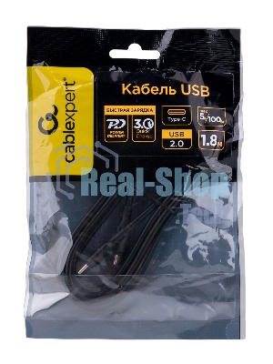 Кабель USB2.0 Cablexpert CC-USB2-CMCM-100-1.8M, Type-C/Type-C, 5A, 100Вт, PD/QC3.0, медь, 1.8м, черный, пакет