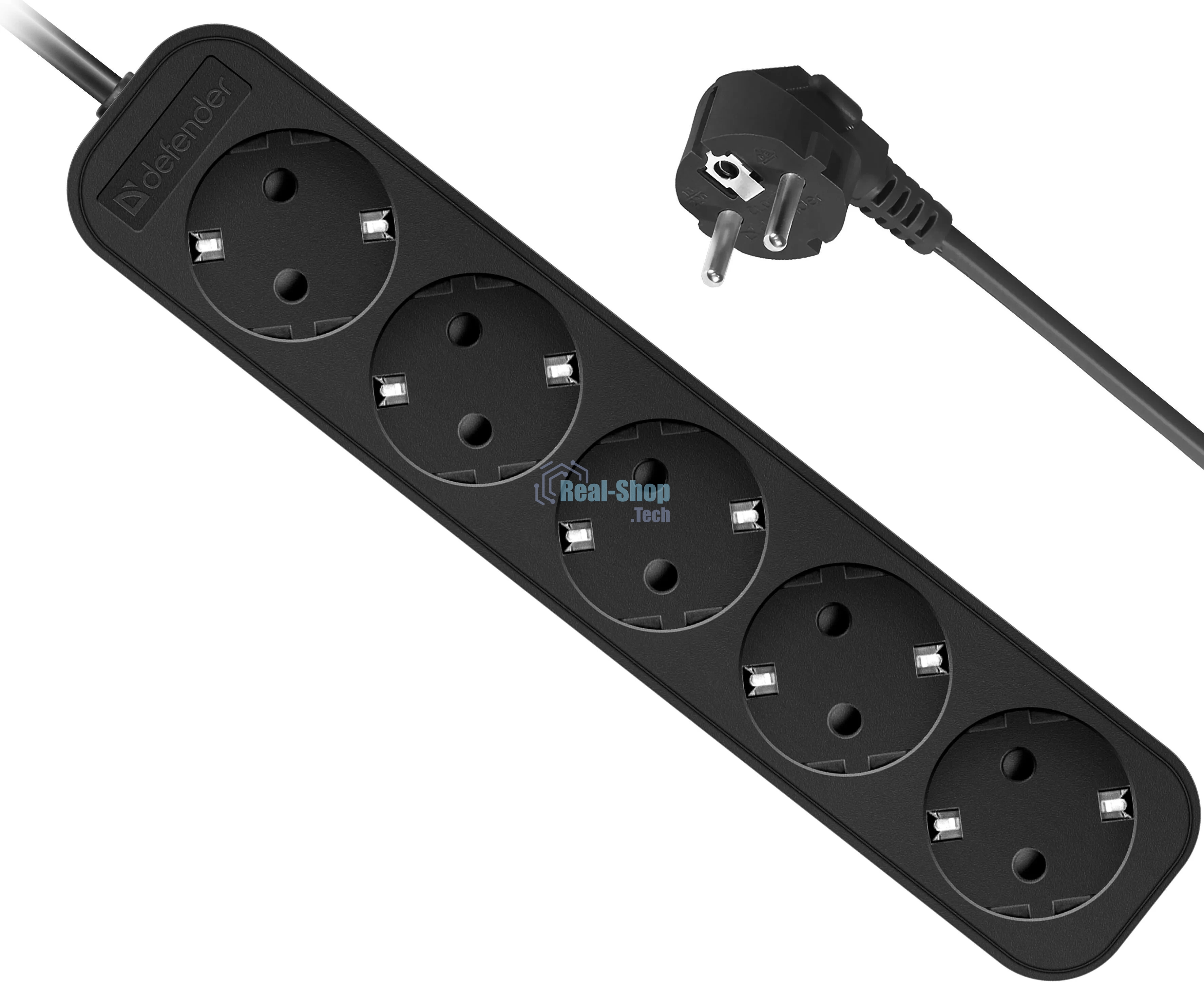 Удлинитель Defender M550 черный, 5 м, EURO, 5 розеток, 2200 Вт