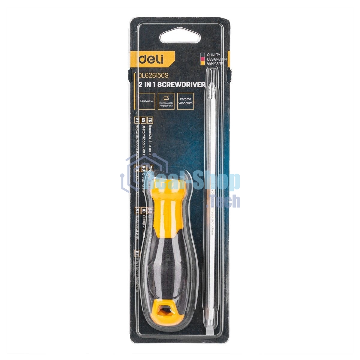 Двухсторонняя отвертка Deli DL626150S PH2+SL6x150 мм Спецификация продукта.: 6/PH2x150мм. Материал хвостовика: Cr-V. Длина: 260 мм. Длина: 150 мм. Диаметр хвостовика: 6,3 мм.