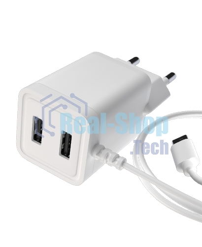 Сетевое зарядное устройство Maxvi A202M 2хUSB 2А 10W + литой кабель MicroUSB 1.2м, белый