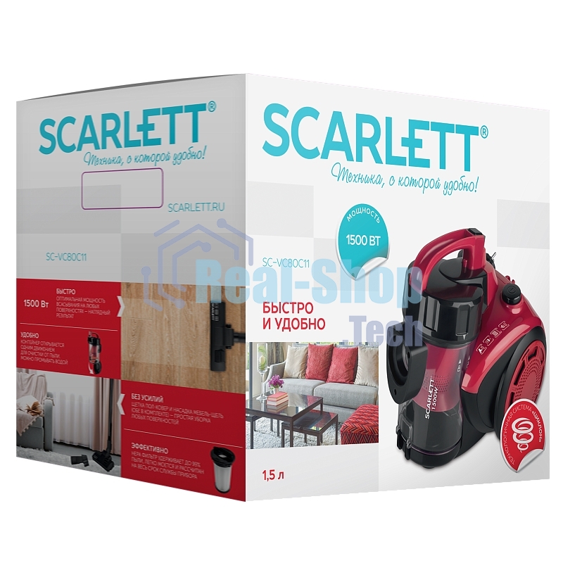 Пылесос Scarlett SC-VC80C11 красный/черный, 320/1500 Вт, уборка сухая, пылесборник контейнер 1.5 л