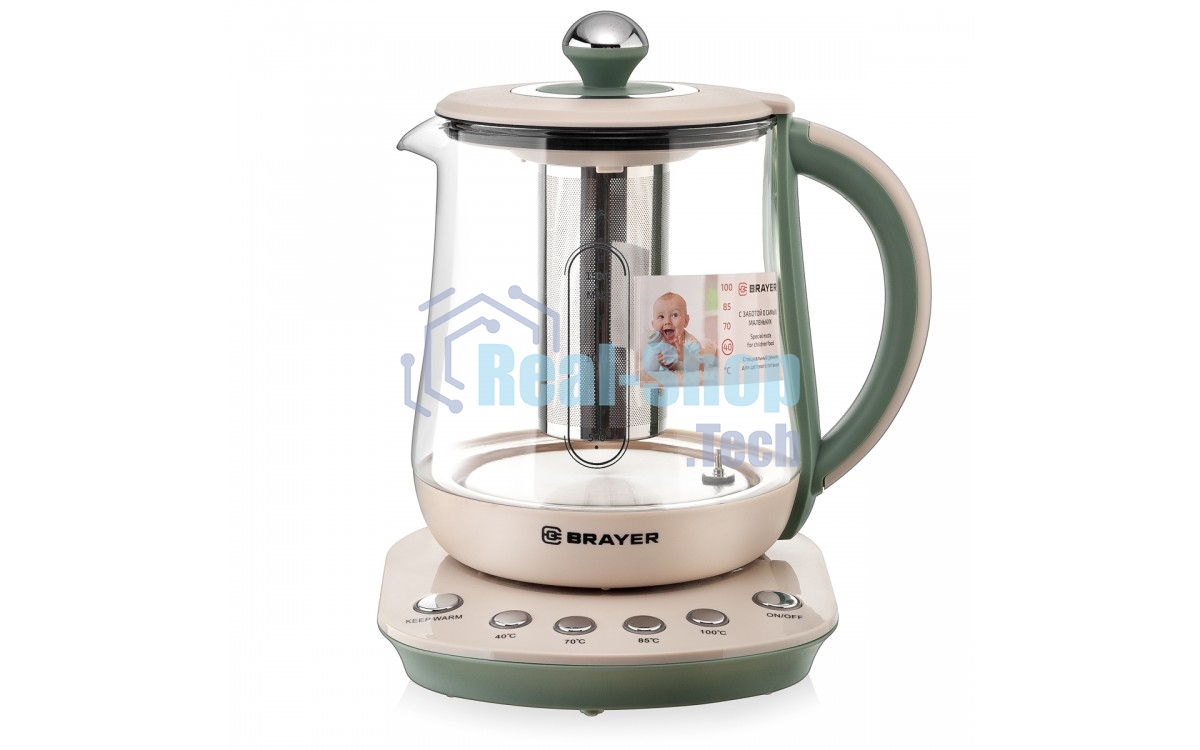 Чайник электрический BRAYER BR1015 2200 Вт,1,5 л, подст, 40-100 °С, завар.чая, стеклян