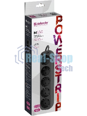Удлинитель Defender M550 черный, 5 м, EURO, 5 розеток, 2200 Вт