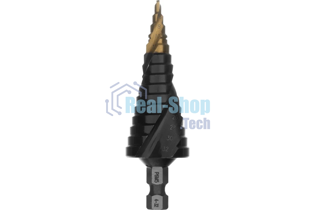 Сверло ступенчатое Denzel 4-6-8-10-12-14-16-18-20-22-24-26-28-30-32 мм, Р6М5, 6-гр. хвостовик 723606