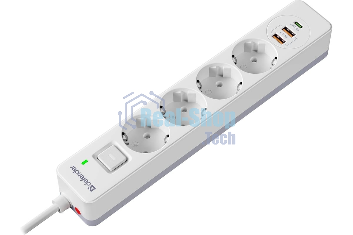 Удлинитель с сетевым фильтром Defender DFS 145, белый, 4розетки, USB+TypeC, 5 м.