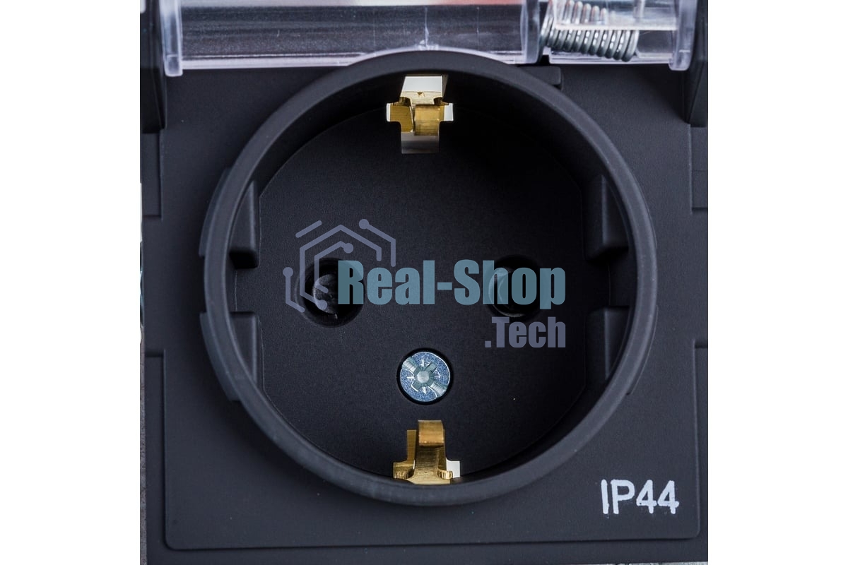 Механизм розетки 1-м СП AtlasDesign Aqua 16А IP44 с заземл. защ. шторки с прозрачной крышкой карбон SchE ATN441046