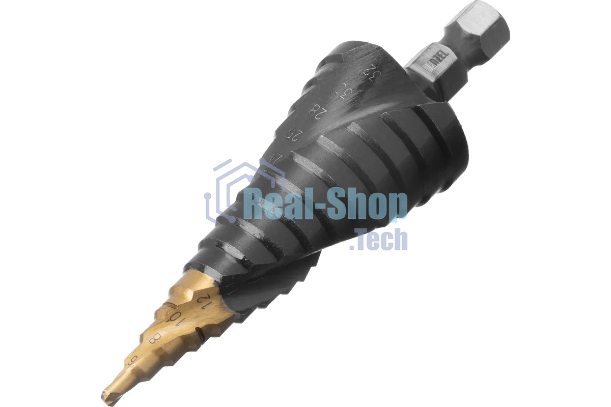 Сверло ступенчатое Denzel 4-6-8-10-12-14-16-18-20-22-24-26-28-30-32 мм, Р6М5, 6-гр. хвостовик 723606