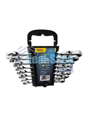 Набор комбинированных шарнирных ключей с трещоткой 8 шт Deli DL140208T Спецификация: 8,10,12,13,14,15,17,19мм. Сталь 40 Cr. Трещетка 50BV30 72Т.
