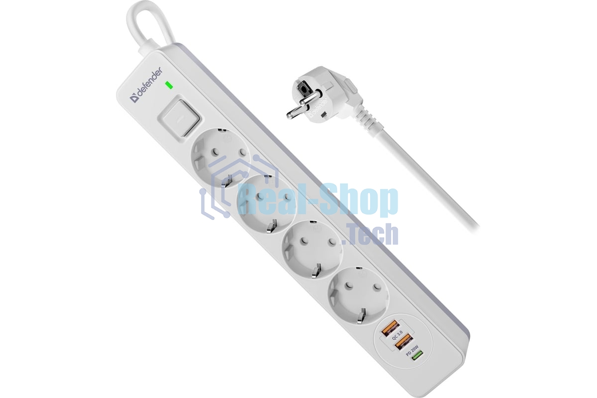 Удлинитель с сетевым фильтром Defender DFS 145, белый, 4розетки, USB+TypeC, 5 м.