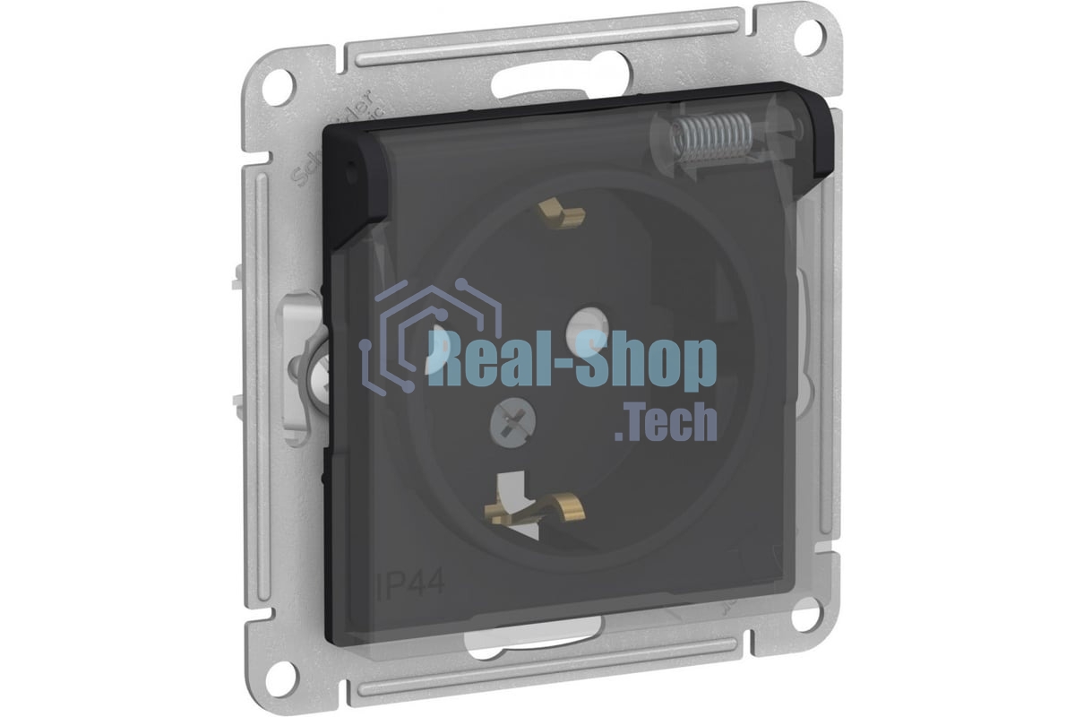 Механизм розетки 1-м СП AtlasDesign Aqua 16А IP44 с заземл. защ. шторки с прозрачной крышкой карбон SchE ATN441046