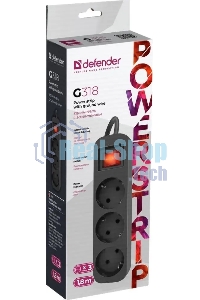 Удлинитель Defender G318 черный, 1.8 м, EURO, 3 розетки, 2200 Вт