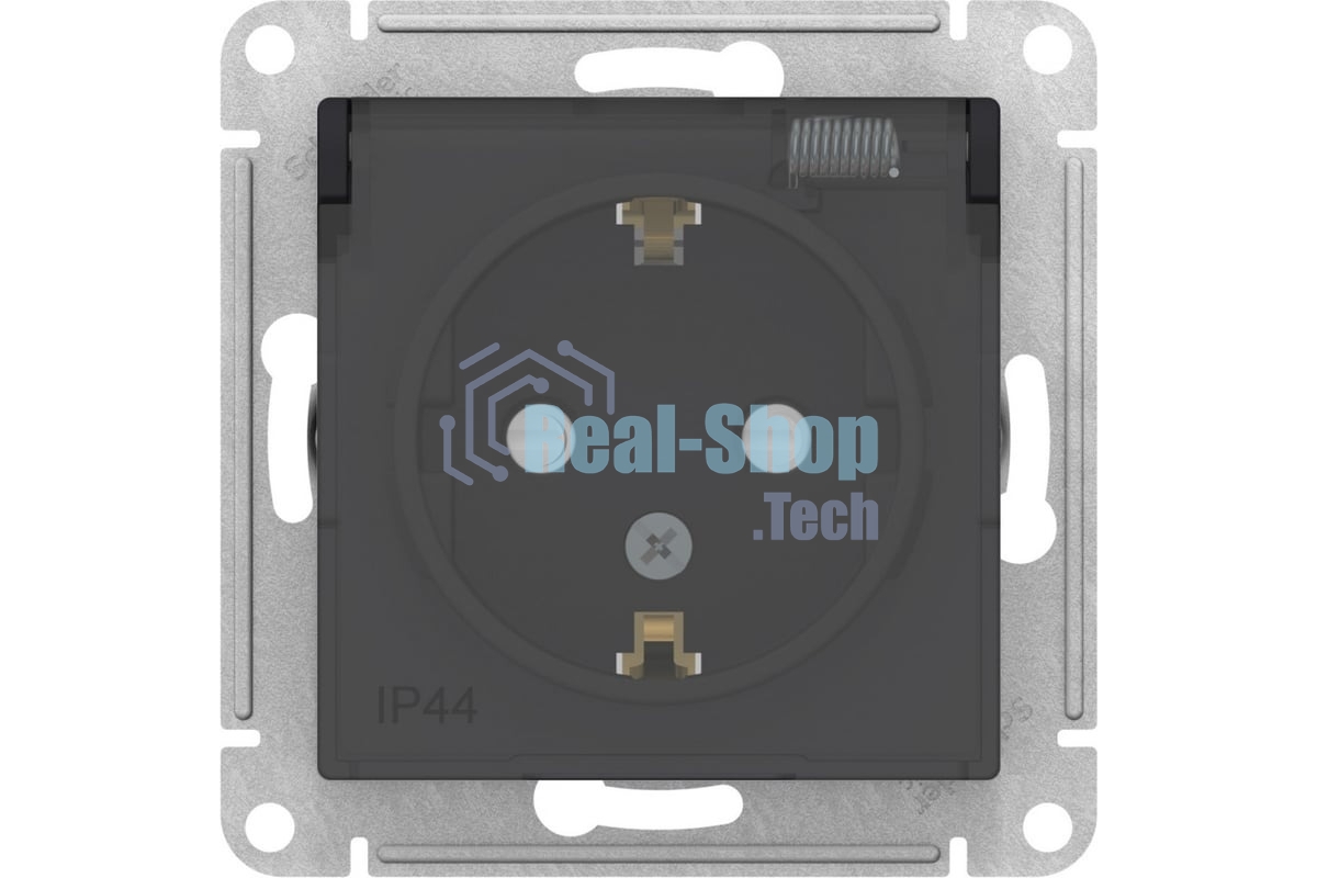 Механизм розетки 1-м СП AtlasDesign Aqua 16А IP44 с заземл. защ. шторки с прозрачной крышкой карбон SchE ATN441046