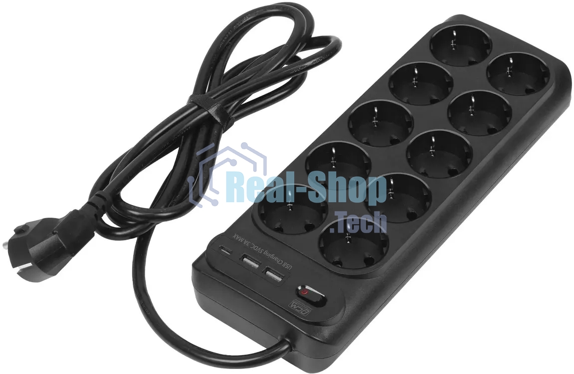 Сетевой фильтр Powercom SP-10 USB2A1СB 3,0 м 3.0м (10 розеток) черный, коробка