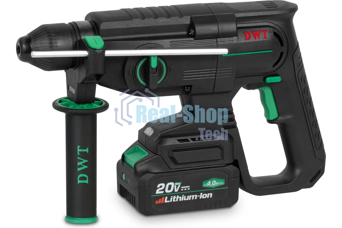 Перфоратор аккумуляторный DWT ABHP-20-26D-4C2 BMC/20В/2.8 Дж/до 5300 уд.в мин/до 1200 об.в мин/SDS-Plus/бесщеточный мотор/плавный пуск/реверс/LED-подсветка/2 АКБ, 4 А·ч/ЗУ/кейс/черный (ABHP-20-26D-4C2 BMC)