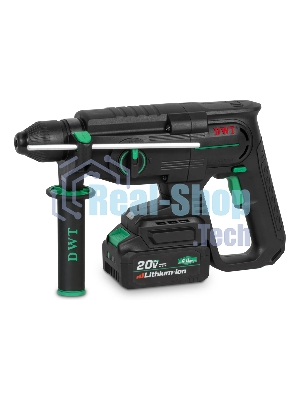 Перфоратор аккумуляторный DWT ABHP-20-26D-4C2 BMC/20В/2.8 Дж/до 5300 уд.в мин/до 1200 об.в мин/SDS-Plus/бесщеточный мотор/плавный пуск/реверс/LED-подсветка/2 АКБ, 4 А·ч/ЗУ/кейс/черный (ABHP-20-26D-4C2 BMC)
