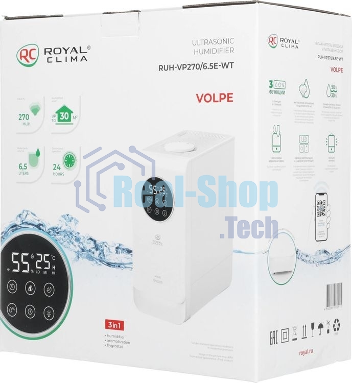 Увлажнитель воздуха Royal Clima VOLPE RUH-VP270/6.5E-WT белый, 30 м², 6.5 л, ультразвуковой, производительность 270 мл/ч, гигростат, ароматизация, управление по Wi-Fi (SmartLife), пульт ДУ