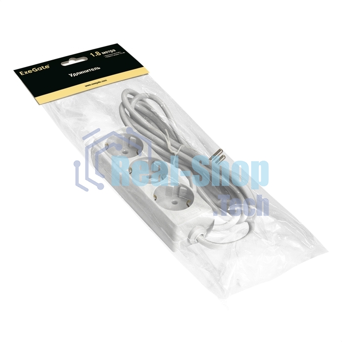 Удлинитель ExeGate ECE-3-1.8W (EX285803RUS), белый, 1.8 м, евровилка с заземлением, 3 евророзетки с заземлением, 2200 Вт