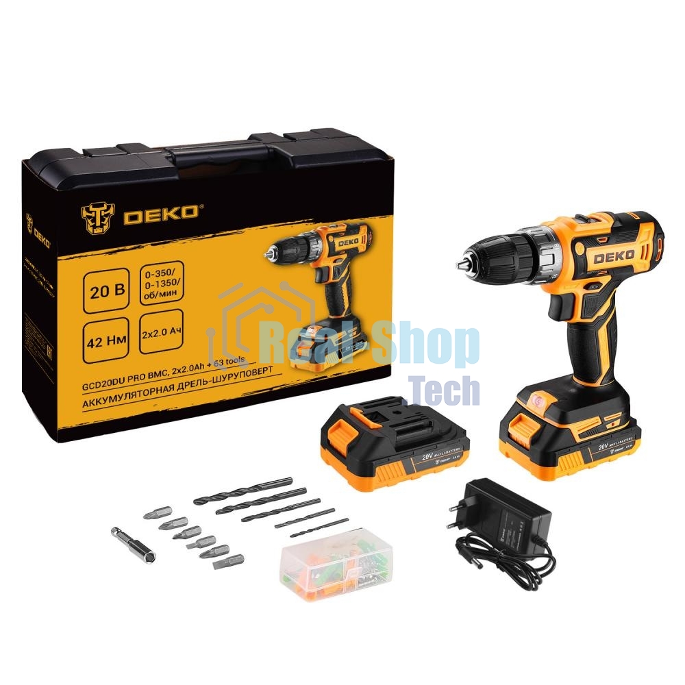 Дрель-шуруповерт аккумуляторная Deko GCD20DU PRO, 20В, 2 АКБ, Кейс в кейсе + набор 63 инструмента для дома