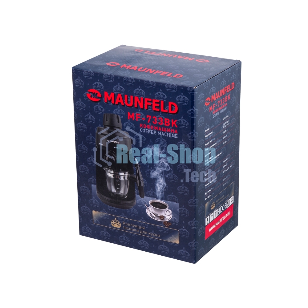 Кофемашина рожковая Maunfeld MF-733BK черный, исп. кофе - молотый, 0.24 л, 870 Вт, 4 бар