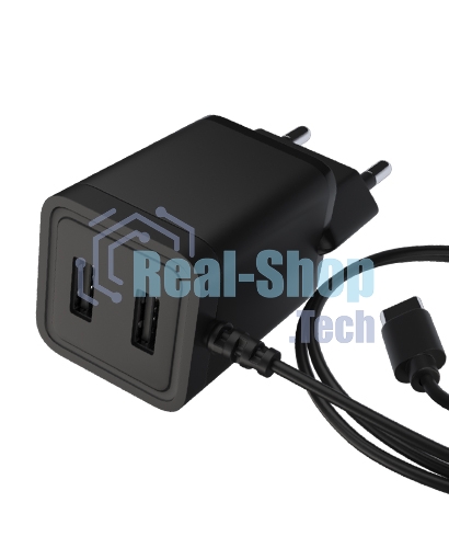 Сетевое зарядное устройство Maxvi A202T 2хUSB 2А 10W + литой кабель Type-C 1.2м, черный