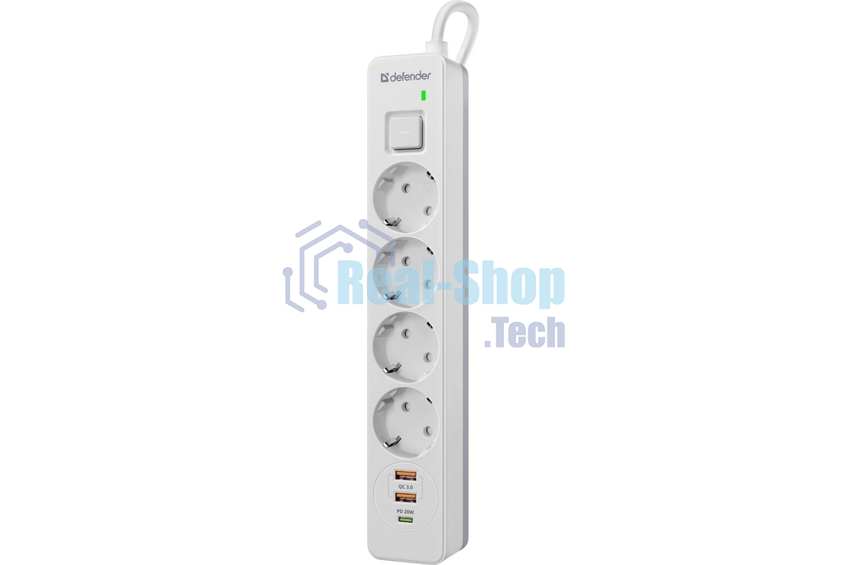 Удлинитель с сетевым фильтром Defender DFS 141, белый, 4розетки, USB+TypeC, 1.5 м.