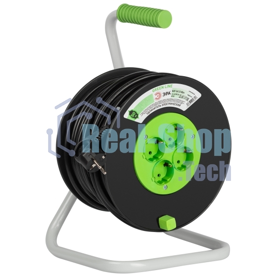 Удлинитель силовой ЭРА GREEN LINE KAT-3x1.5-50m Greenline на катушке пластик 4 розетки с заземлением 50 м ПВС 3x1.5 мм2