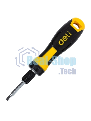 Двухсторонняя отвертка с трещеткой Deli DL626011 PH2+SL6x180 мм 6/PH2x180мм. Материал биты: Cr-V. Общая длина: 180-230 мм. Диаметр хвостовика: 6,3 мм.