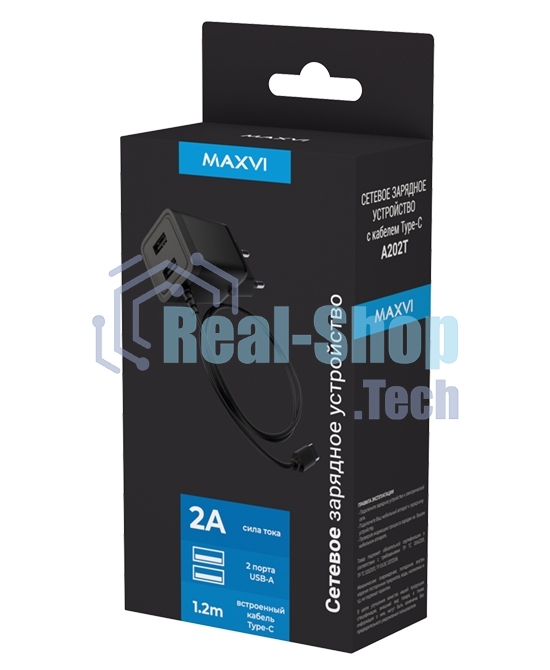 Сетевое зарядное устройство Maxvi A202T 2хUSB 2А 10W + литой кабель Type-C 1.2м, черный