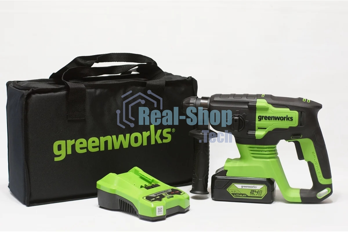 Перфоратор аккумуляторный бесщеточный GreenWorks GD24SDS2 2 ДЖ, 24V, c 1хАКБ 4 Ач и ЗУ в сумке (3803007UB)