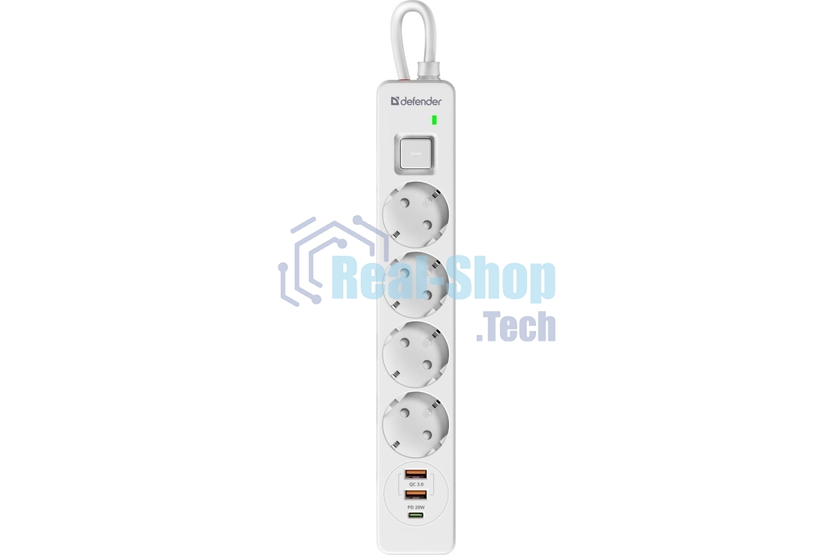 Удлинитель с сетевым фильтром Defender DFS 141, белый, 4розетки, USB+TypeC, 1.5 м.