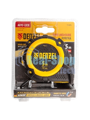Рулетка Denzel 5 м х 32 мм, автоматич. фиксац., нейлон. покрытие, магнит. зацеп, двухстор. разметка