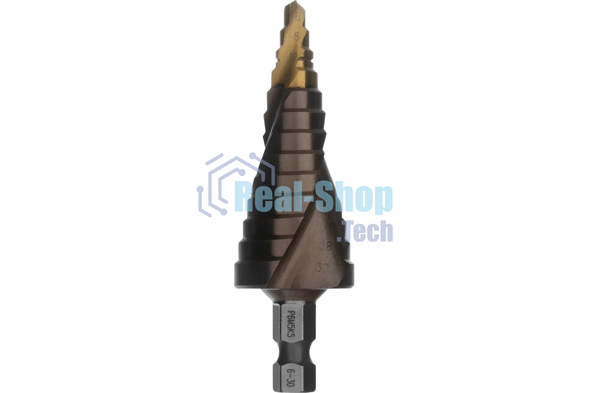 Сверло ступенчатое Denzel 6-8-10-12-14-16-18-20-22-24-26-28-30мм, Р6М5К5, 6-гр. хвостовик 723614