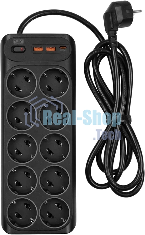 Сетевой фильтр Powercom SP-10 USB2A1СB 3,0 м 3.0м (10 розеток) черный, коробка