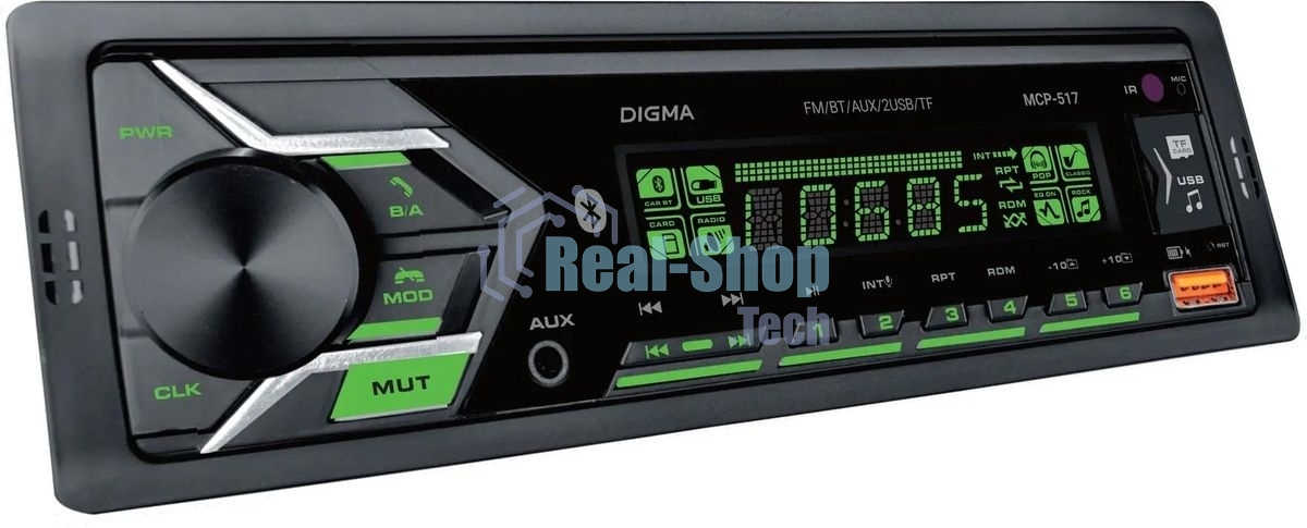 Автомагнитола Digma MCP-517, 1 DIN, Bluetooth, USB Type-A, AUX, пульт ДУ