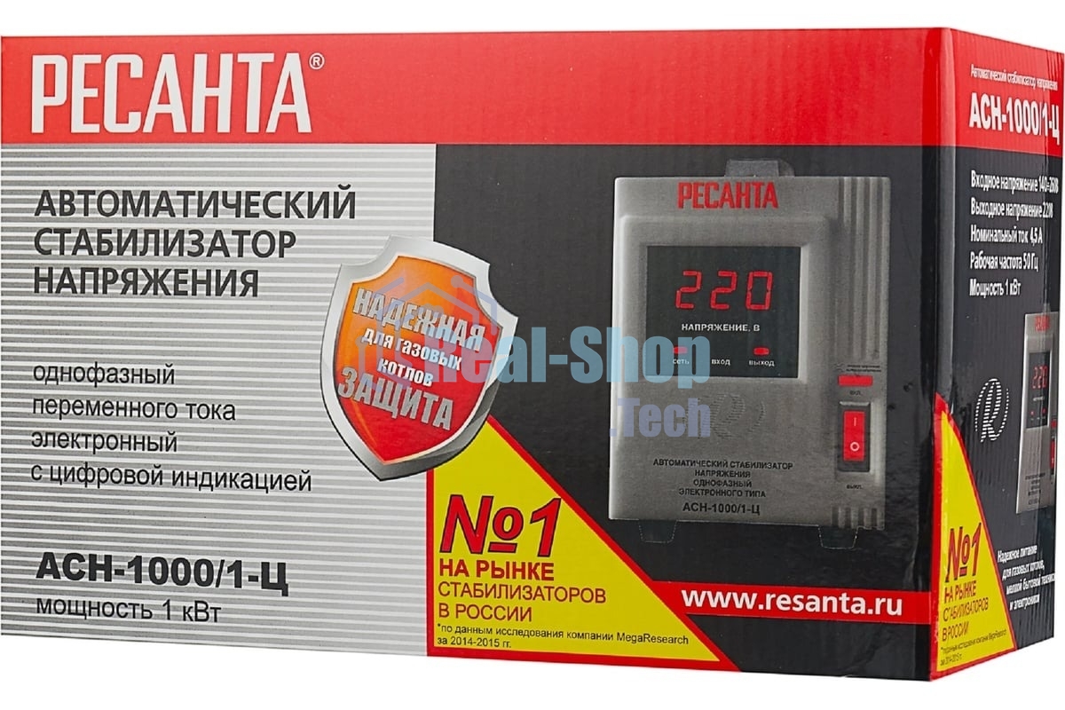 Стабилизатор напряжения Ресанта АСН-1 000/1-Ц 63/6/2 220В±8%, Габариты 237х140х170, Вес 4 кг