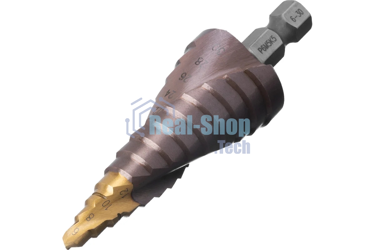 Сверло ступенчатое Denzel 6-8-10-12-14-16-18-20-22-24-26-28-30мм, Р6М5К5, 6-гр. хвостовик 723614