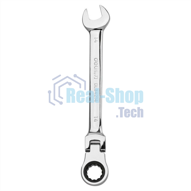 Набор комбинированных шарнирных ключей с трещоткой 8 шт Deli DL140208T Спецификация: 8,10,12,13,14,15,17,19мм. Сталь 40 Cr. Трещетка 50BV30 72Т.