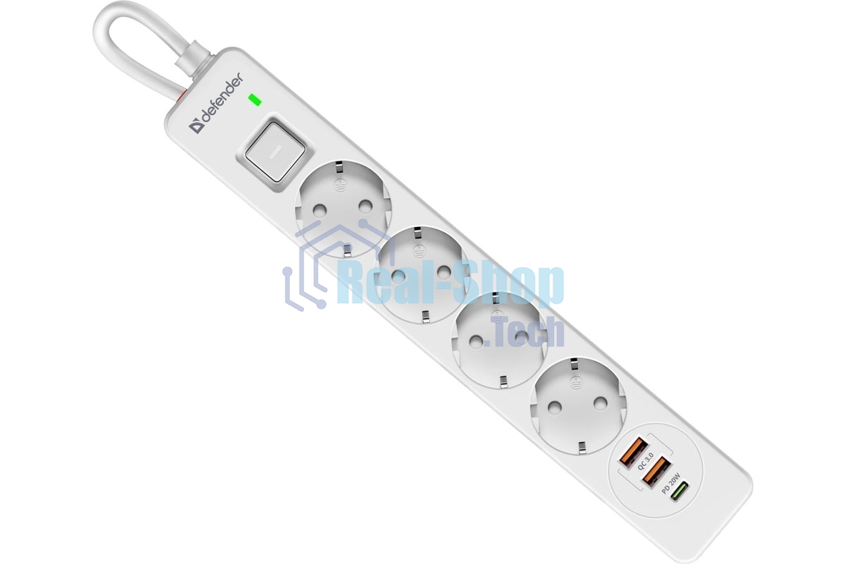 Удлинитель с сетевым фильтром Defender DFS 141, белый, 4розетки, USB+TypeC, 1.5 м.